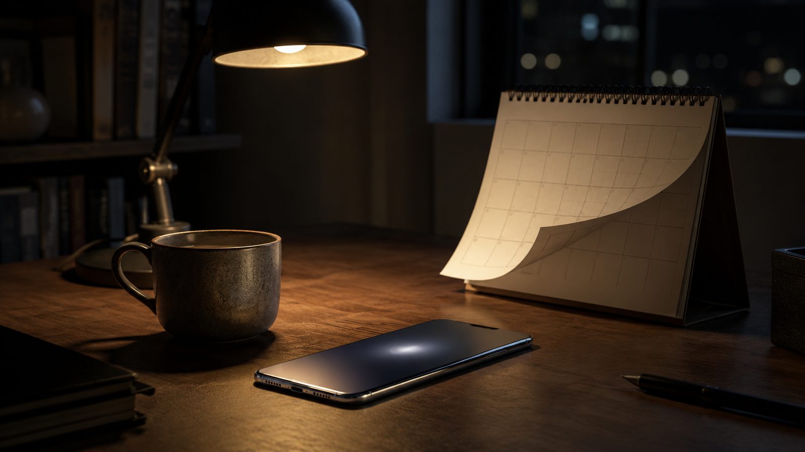 A dark home office at night lit by a single desk lamp, a dim phone lying face-up on the wood beside a mug of coffee, with a desk calendar whose top page is curling as it turns.