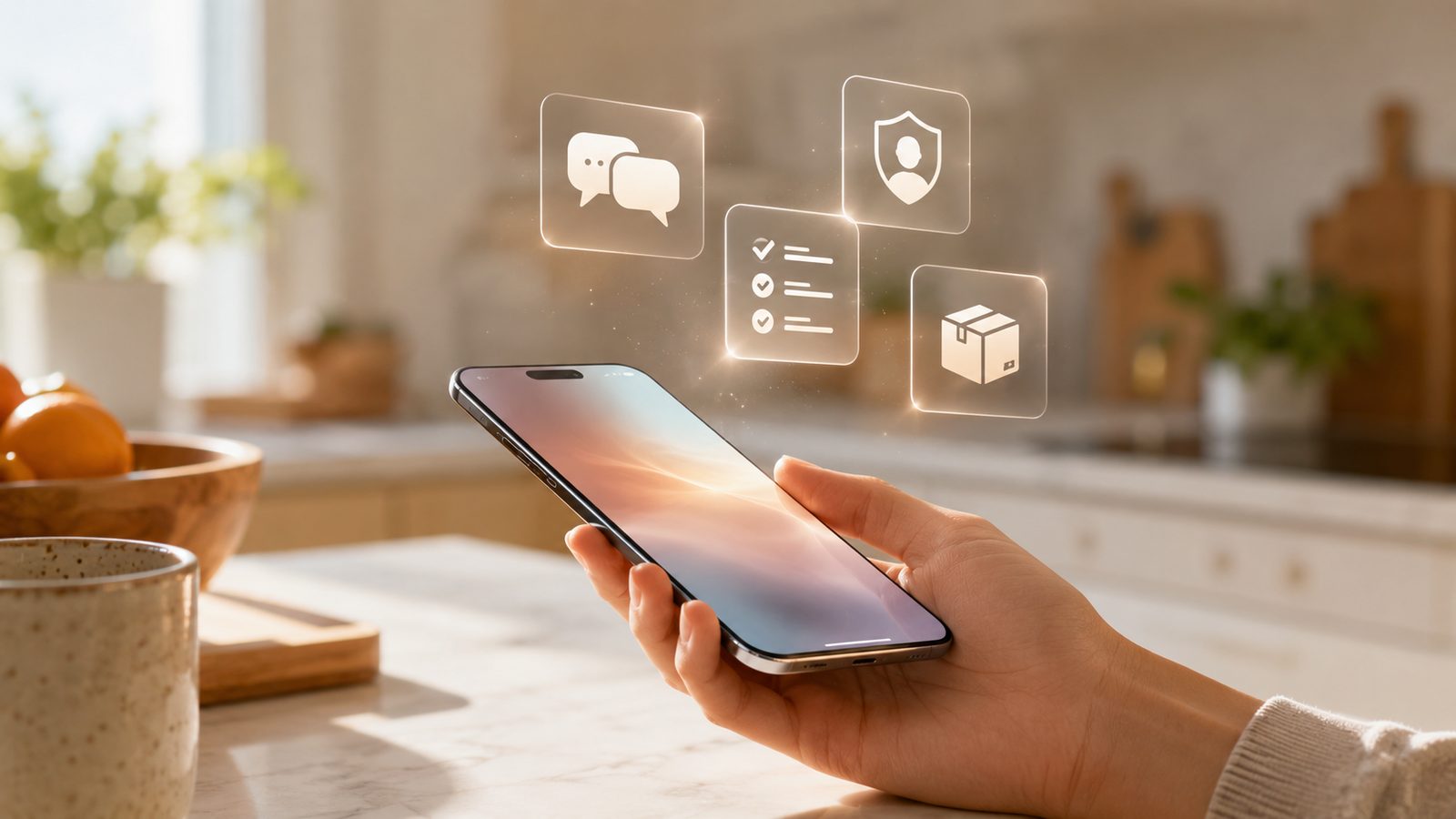 A hand holds a phone in a bright, sunlit kitchen, with four softly glowing cards floating above the screen: chat bubbles, a privacy shield, a checklist, and a parcel.