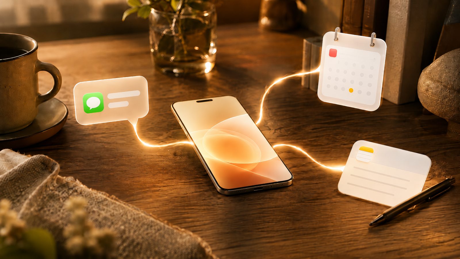 A warmly lit desk at golden hour with a glowing phone at the centre, thin ribbons of light linking it to a floating message bubble, a calendar, and a note card.